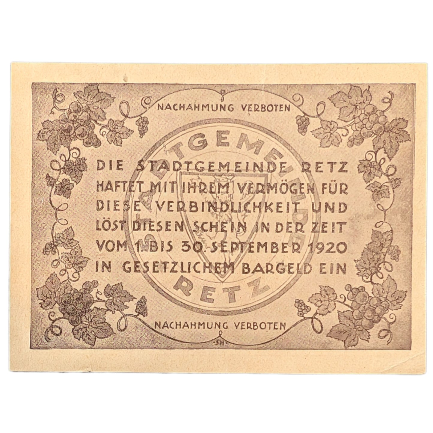 Notgeld: Gutschein Stadtgemeinde Retz, Niederösterreich