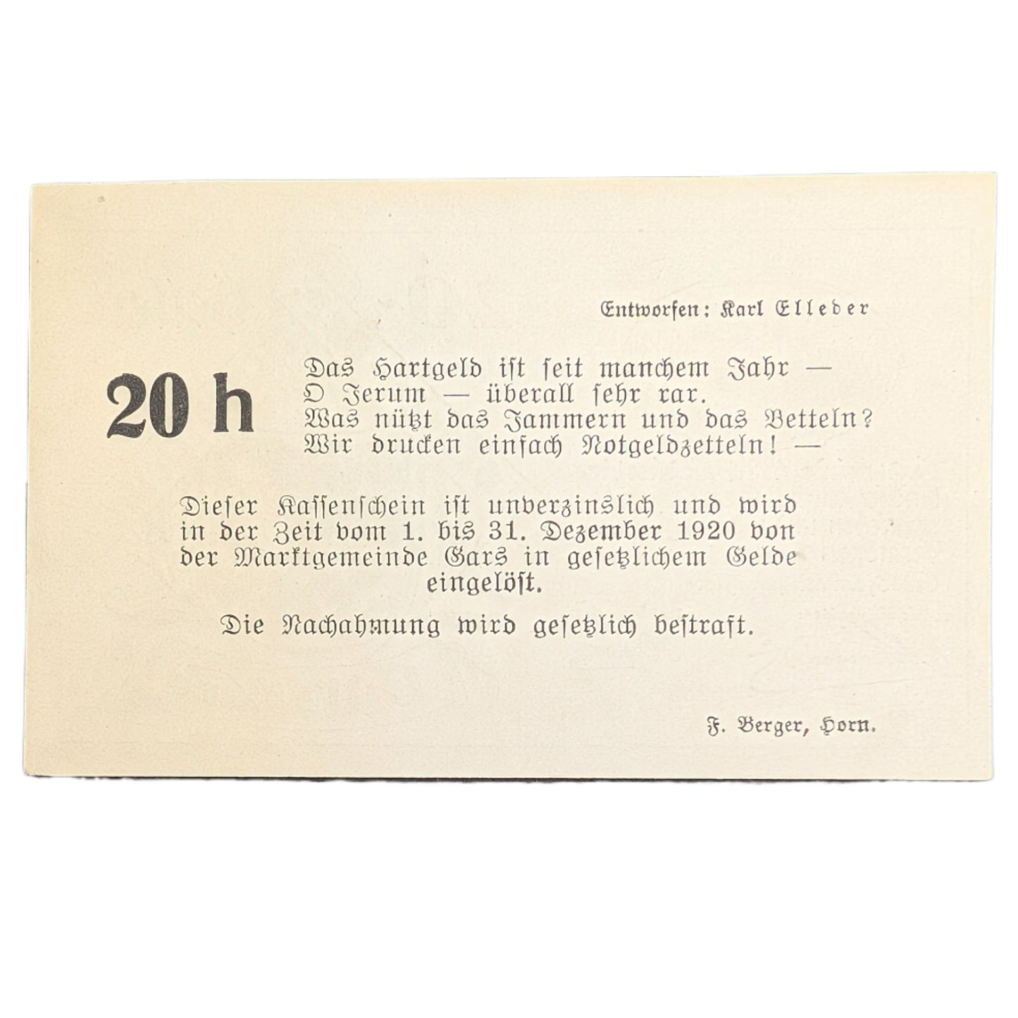 Notgeld der Marktgemeinde Gars am Kamp, Niederösterreich