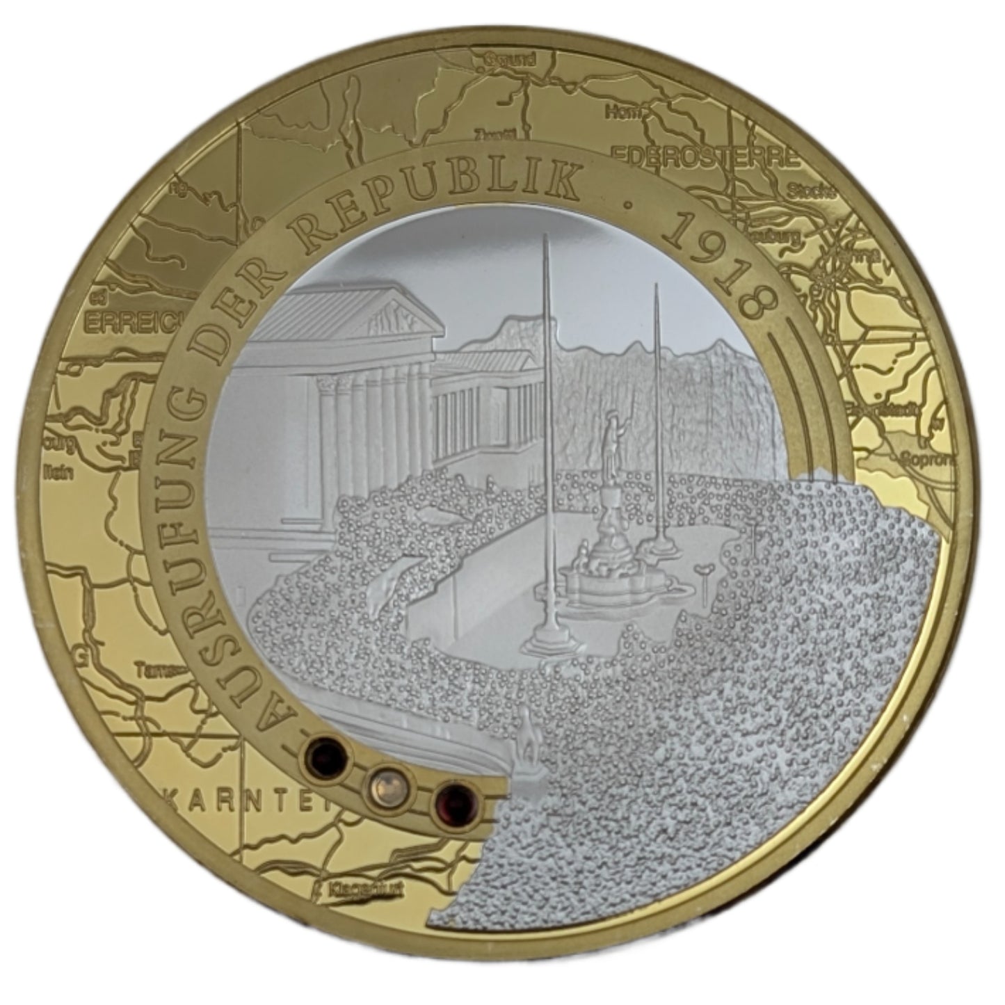 Ausrufung der Republik 1918 - 100 Jahre Österreich, teilvergoldet, teilversilbert, farbig, Swarovskisteine