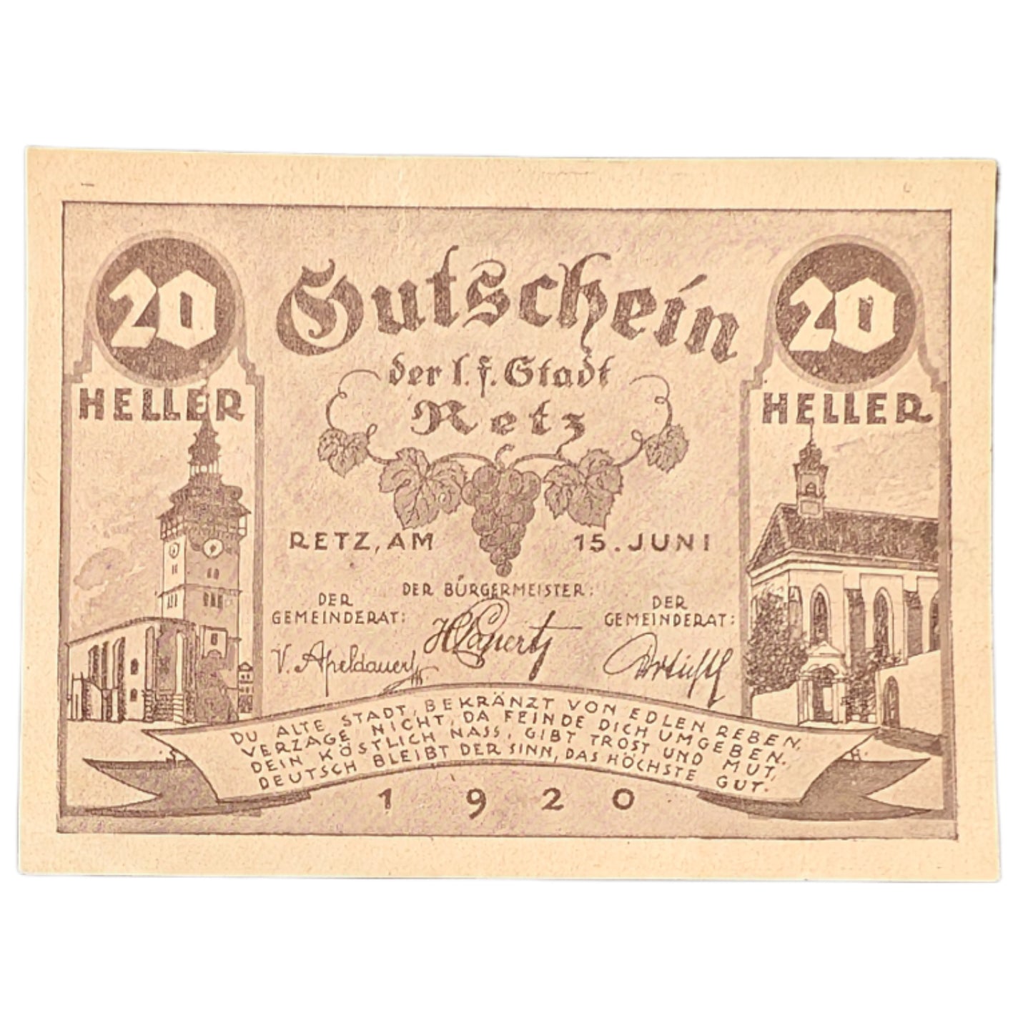Notgeld: Gutschein Stadtgemeinde Retz, Niederösterreich