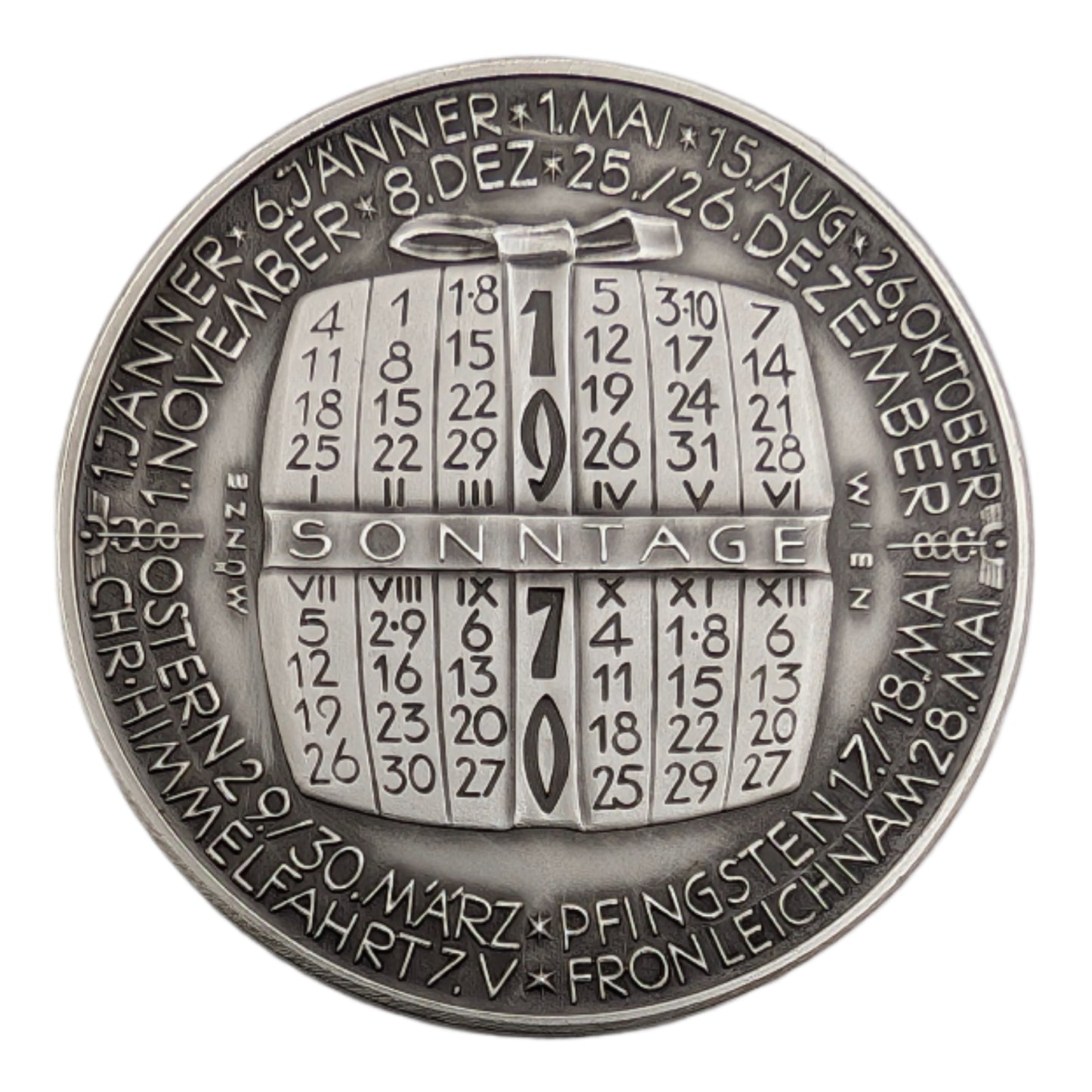 Kalendermedaille, Jahresregent Merkur, Bronze versilbert