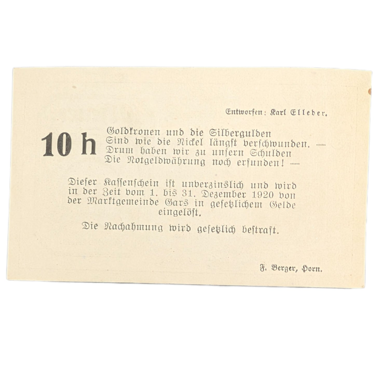 Notgeld der Marktgemeinde Gars am Kamp, Niederösterreich