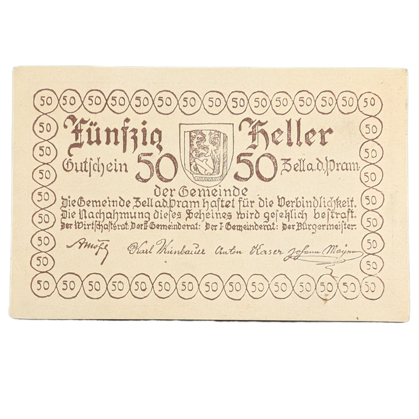 Notgeld/Kassenschein Gemeinde Zell an der Pram