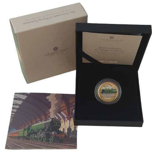 100. Jahrestag des Flying Scotsman (Eisenbahrn), farbig, colored, mit GoldauflageØ 28,4mm