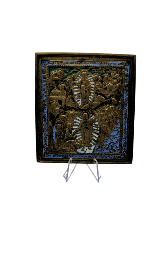 Reiseikone, 19. Jh., Auferstehung Christi, ca. 100 mm x 110 mm, Bronze, weiß, grün, schwarz und blau emailliert