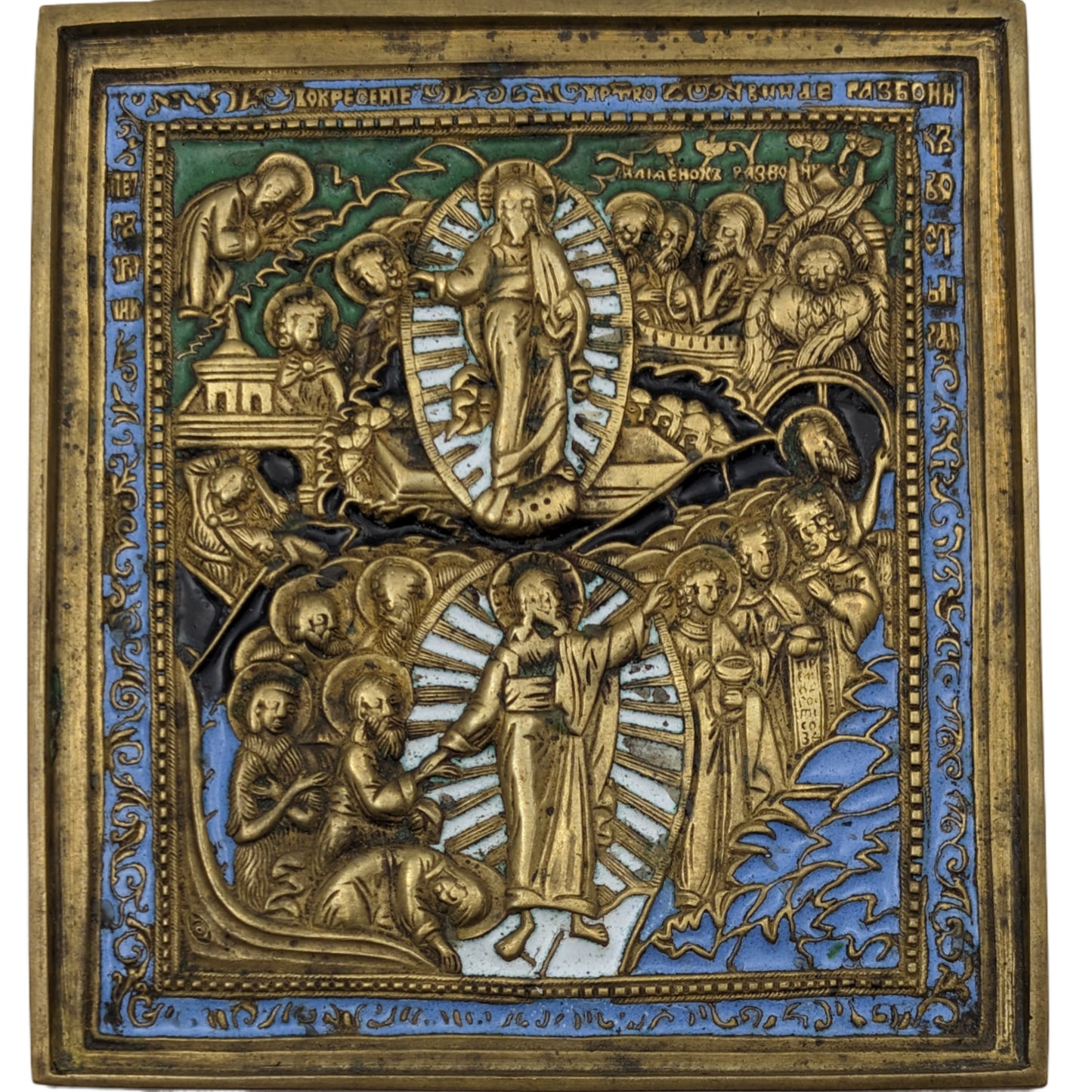 Reiseikone, 19. Jh., Auferstehung Christi, ca. 100 mm x 110 mm, Bronze, weiß, grün, schwarz und blau emailliert