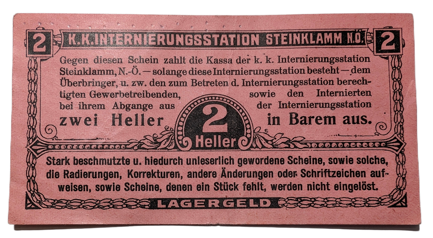 Lagergeld, K.K. Internierungsstation Steinklamm NÖ