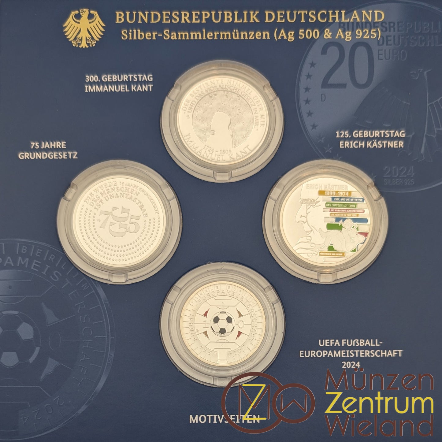 Silbermünzen Set: 3x20 € Kant, Grundgesetz, Kästner + 11 € Fußabll EM