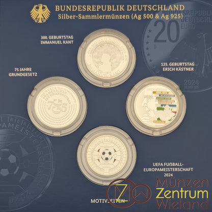 Silbermünzen Set: 3x20 € Kant, Grundgesetz, Kästner + 11 € Fußabll EM