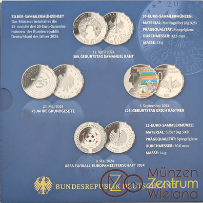 Silbermünzen Set: 3x20 € Kant, Grundgesetz, Kästner + 11 € Fußabll EM