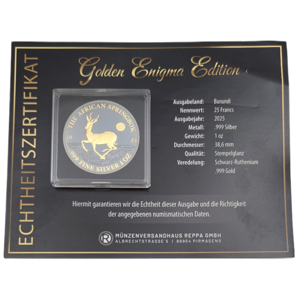 The African Springbock - Golden Enigma Premium Edidion, mit Schwarz-Ruthenium und Gelbgold veredelt