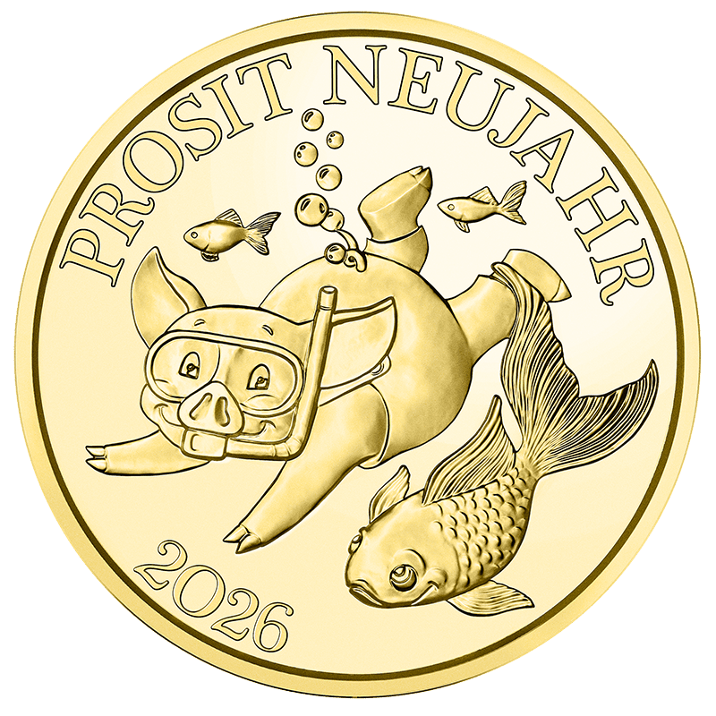Glücksjeton - Reisen ins Glück 2023-2029, Kurti schwimmt in Japan mit Fischen, vergoldet
