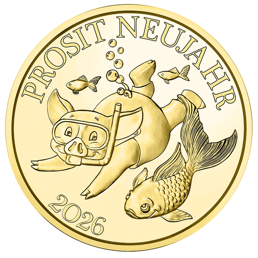 Glücksjeton - Reisen ins Glück 2023-2029, Kurti schwimmt in Japan mit Fischen, vergoldet