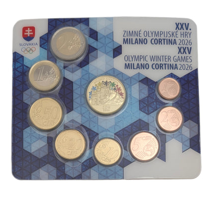 KMS Kursmünzensatz 1 ct - 2 €, XXV Winterolympiade Mailand - Cortina D'Ampezzo, inkl. Medaille farbig