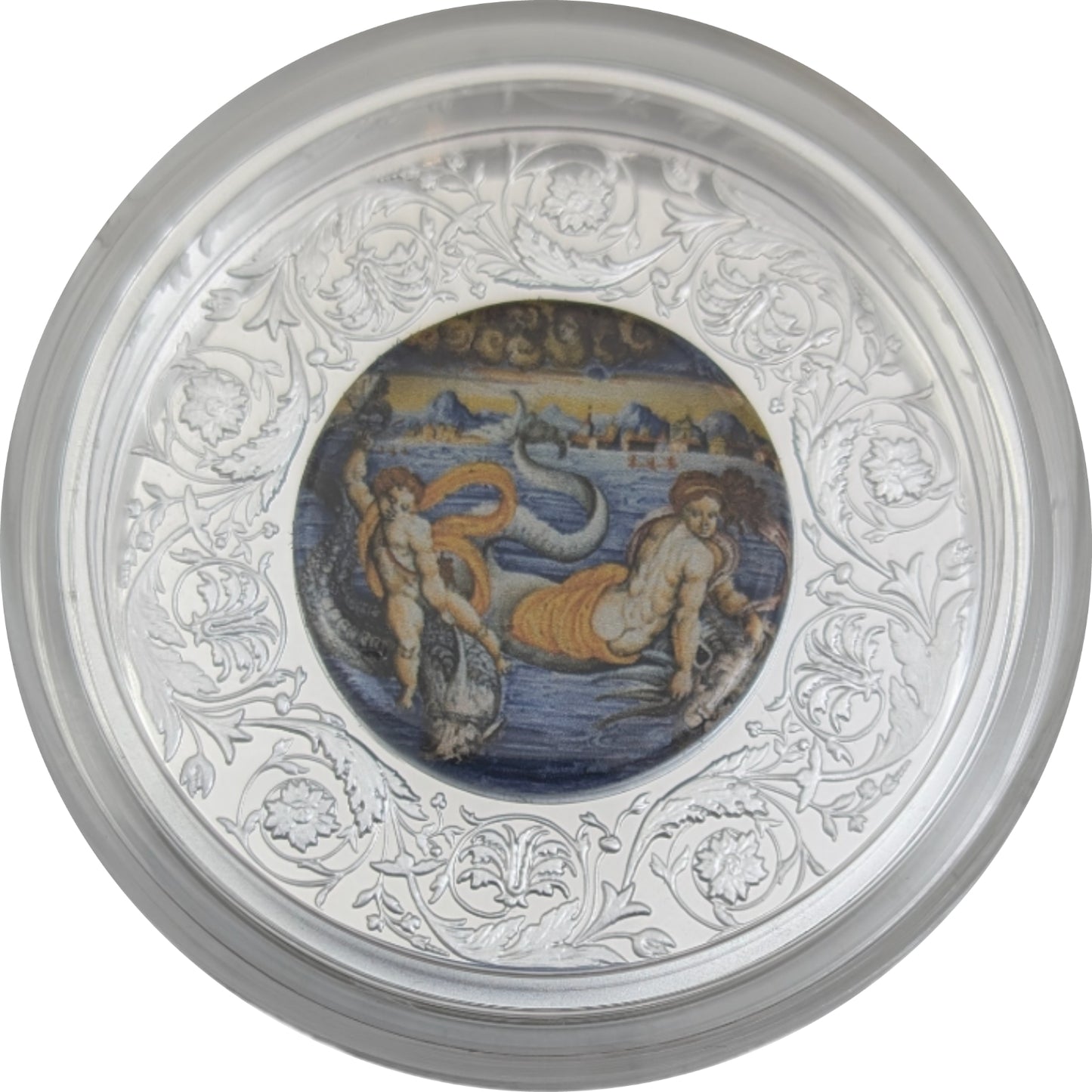 Maiolica - Venus + Cupid swimming on Dolphins - Porzellaninlay