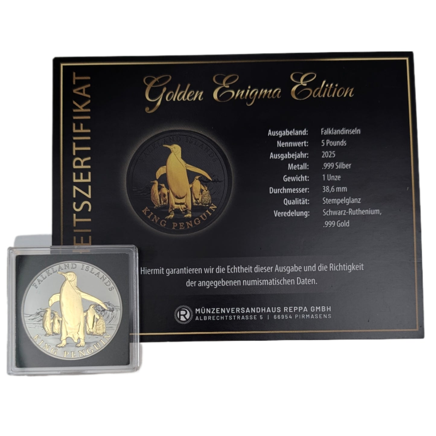 Königspinguin - Enigma Edition, mit Schwarz-Ruthenium und Gelbgold veredelt