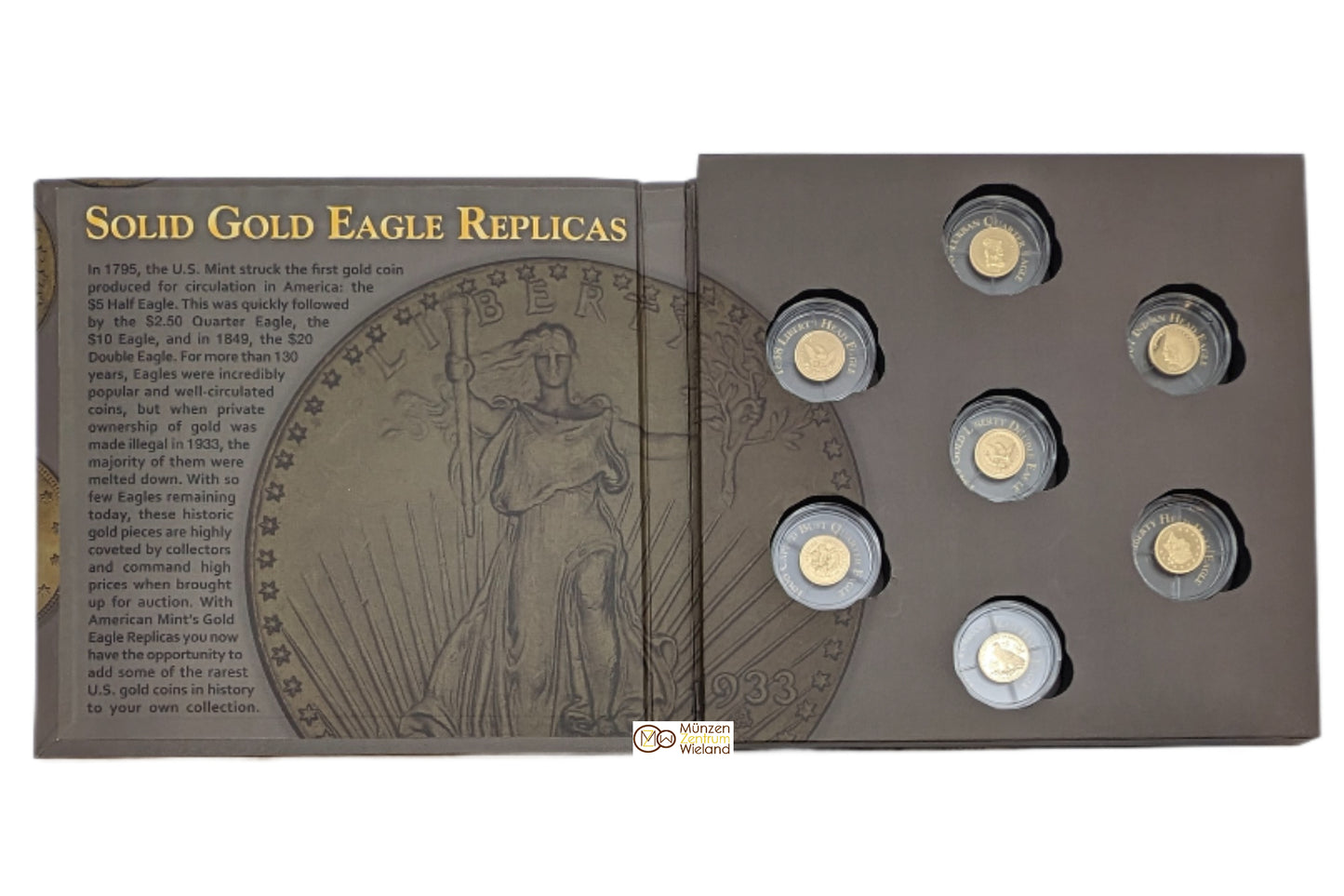 Solid Gold Eagle Replicas Set mit 7 Nachbildungen historischer Eagle Münzen