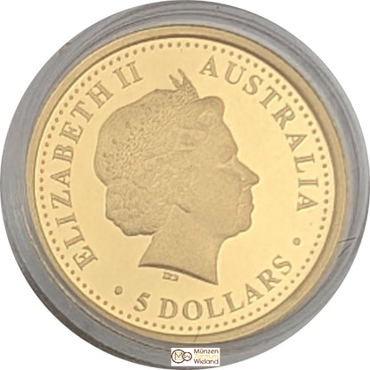 Discover Australia Kookaburra, 5-coin-set: 1 $ Silber mit Goldapplikation, 1/2 Unze + 1/10 Unze + 1/25 Unze Gold Kookaburra + Manschettenknopf
