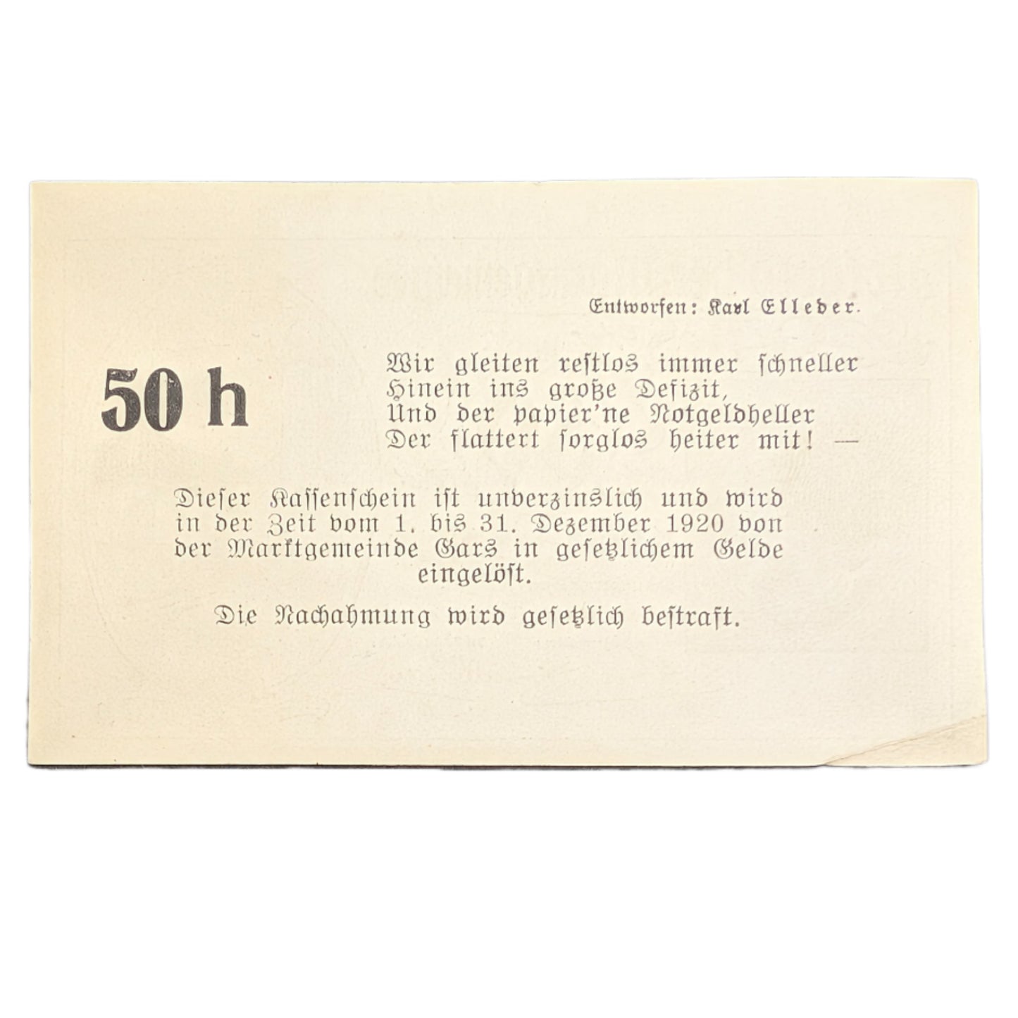 Notgeld der Marktgemeinde Gars am Kamp, Niederösterreich