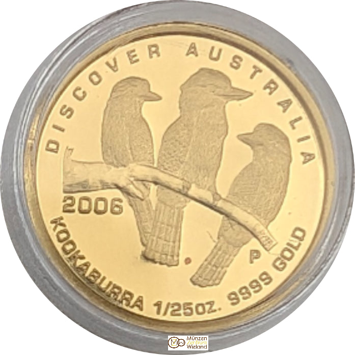 Discover Australia Kookaburra, 5-coin-set: 1 $ Silber mit Goldapplikation, 1/2 Unze + 1/10 Unze + 1/25 Unze Gold Kookaburra + Manschettenknopf